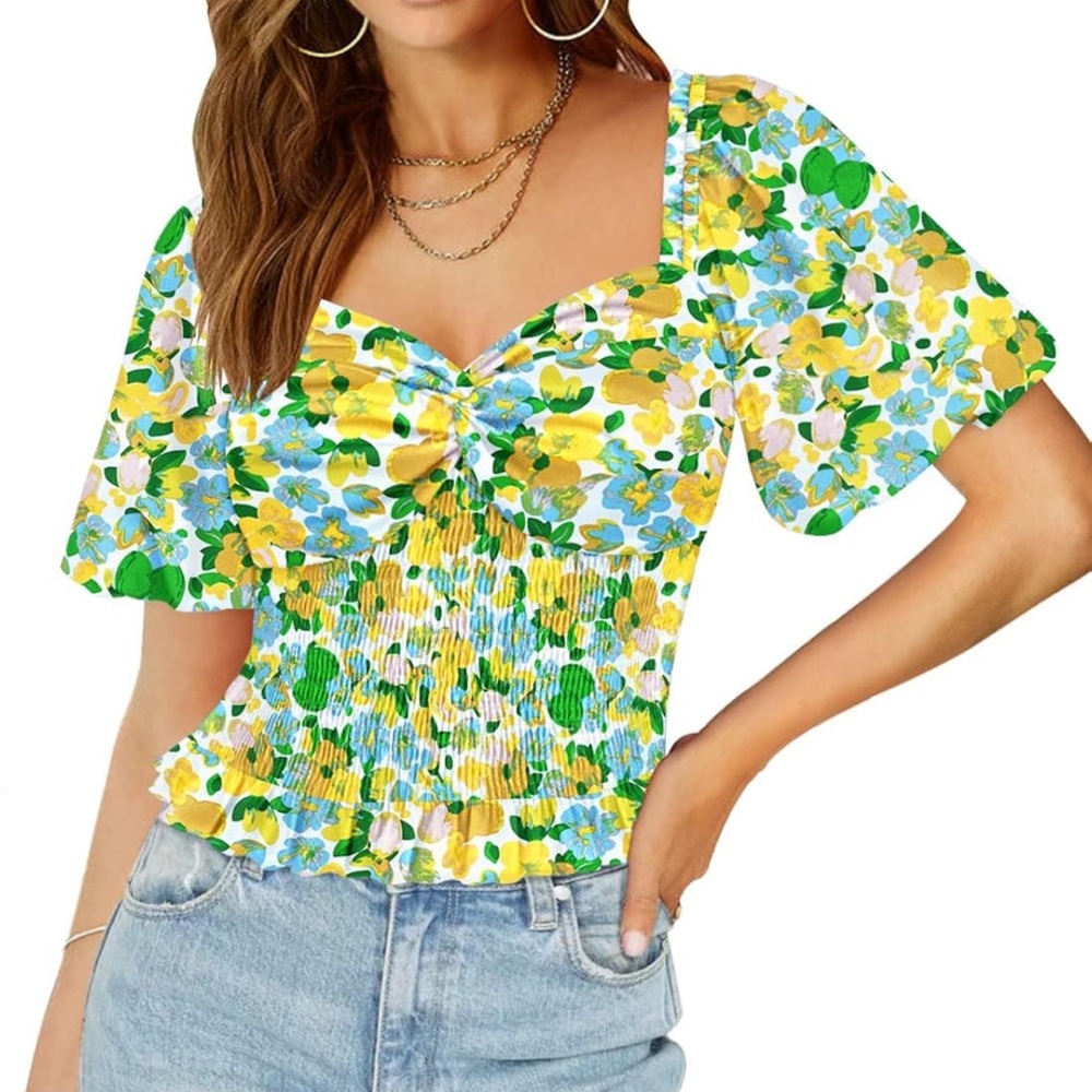 DOROSE Women’s Balloon-Sleeve Floral Sweetheart Top